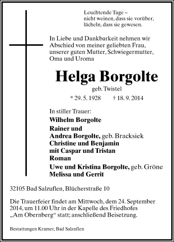 Anzeige  Helga Borgolte  Lippische Landes-Zeitung