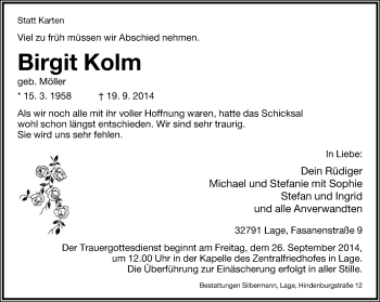 Anzeige  Birgit Kolm  Lippische Landes-Zeitung