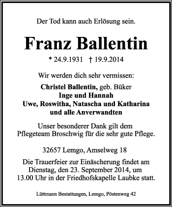Anzeige  Franz Ballentin  Lippische Landes-Zeitung