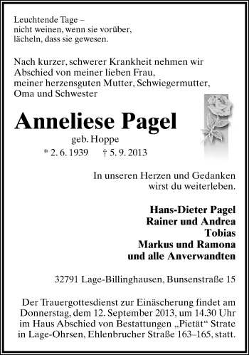 Anzeige  Anneliese Pagel  Lippische Landes-Zeitung