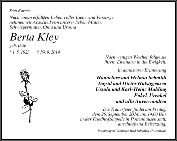 Anzeige  Berta Kley  Lippische Landes-Zeitung