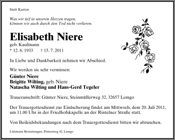 Anzeige  Elisabeth Niere  Lippische Landes-Zeitung