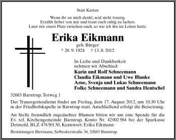 Anzeige  Erika Eikmann  Lippische Landes-Zeitung