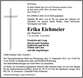 Anzeige  Erika Eichmeier  Lippische Landes-Zeitung