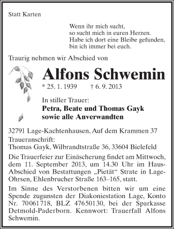 Anzeige  Alfons Schwemin  Lippische Landes-Zeitung