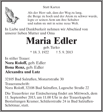 Anzeige  Maria Edler  Lippische Landes-Zeitung