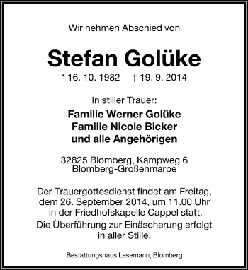 Anzeige  Stefan Golüke  Lippische Landes-Zeitung