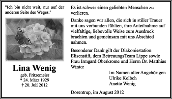 Anzeige  Lina Wenig  Lippische Landes-Zeitung