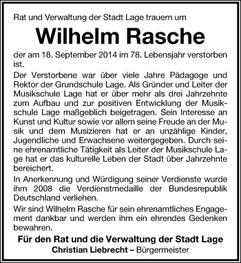 Anzeige  Wilhelm Rasche  Lippische Landes-Zeitung