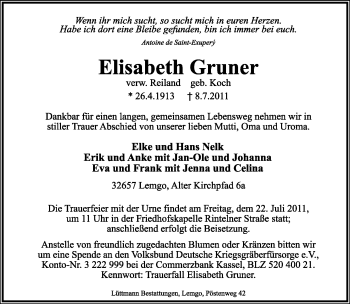 Anzeige  Elisabeth Gruner  Lippische Landes-Zeitung