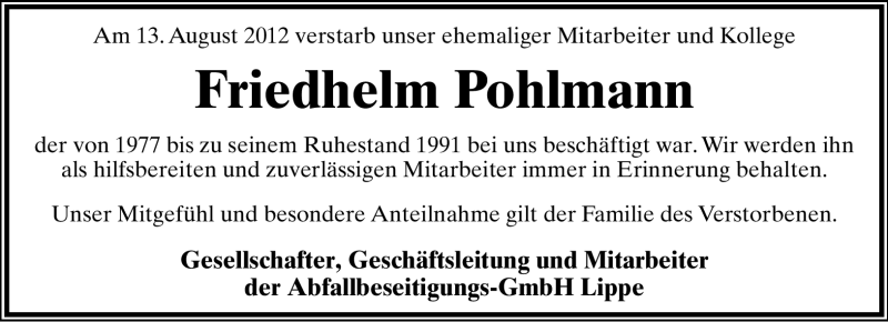  Traueranzeige für Friedhelm Pohlmann vom 15.08.2012 aus Lippische Landes-Zeitung