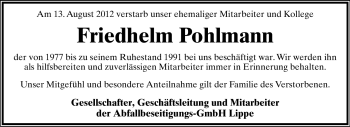 Anzeige  Friedhelm Pohlmann  Lippische Landes-Zeitung