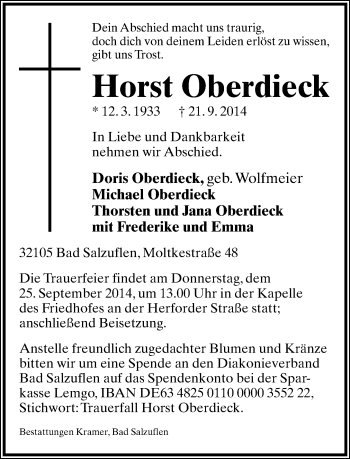 Anzeige  Horst Oberdieck  Lippische Landes-Zeitung
