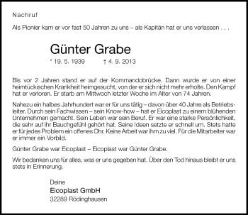 Anzeige  Günter Grabe  Lippische Landes-Zeitung