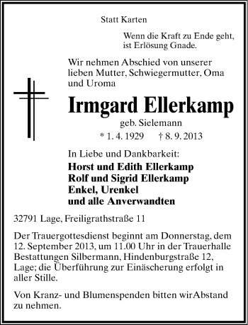 Anzeige  Irmgard Ellerkamp  Lippische Landes-Zeitung