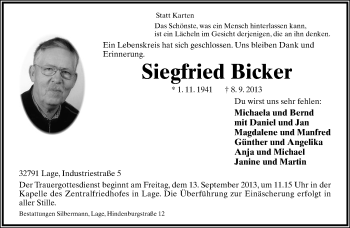 Anzeige  Siegfried Bicker  Lippische Landes-Zeitung