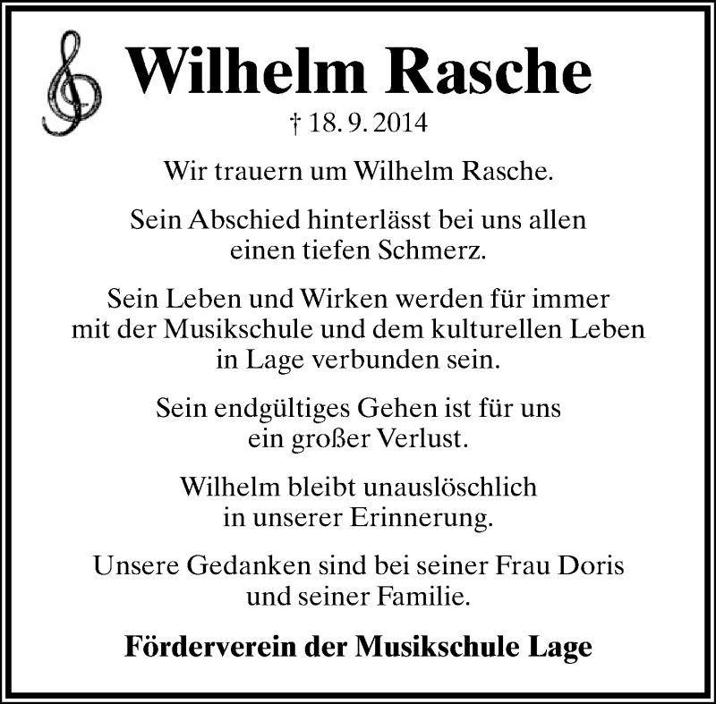  Traueranzeige für Wilhelm Rasche vom 23.09.2014 aus Lippische Landes-Zeitung