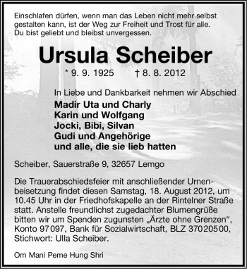 Anzeige  Ursula Scheiber  Lippische Landes-Zeitung