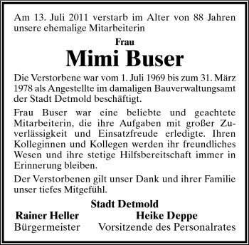 Anzeige  Mimi Buser  Lippische Landes-Zeitung