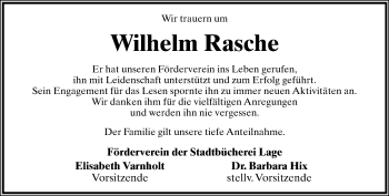Anzeige  Wilhelm Rasche  Lippische Landes-Zeitung