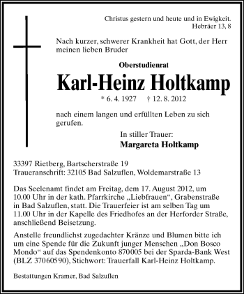 Anzeige  Karl-Heinz Holtkamp  Lippische Landes-Zeitung