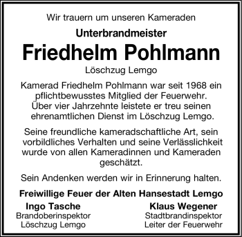 Anzeige  Friedhelm Pohlmann  Lippische Landes-Zeitung