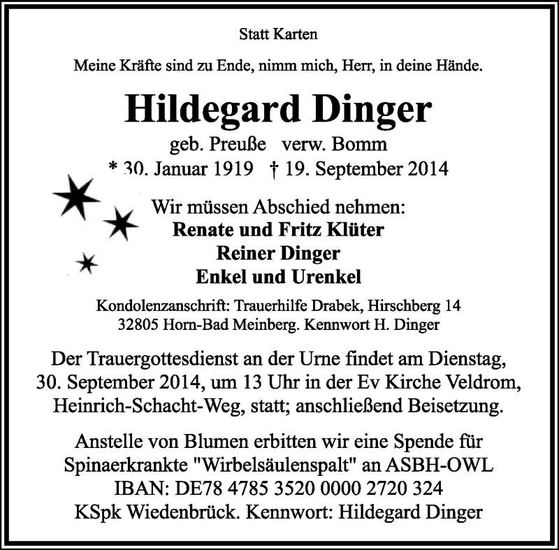  Traueranzeige für Hildegard Dinger vom 24.09.2014 aus Lippische Landes-Zeitung