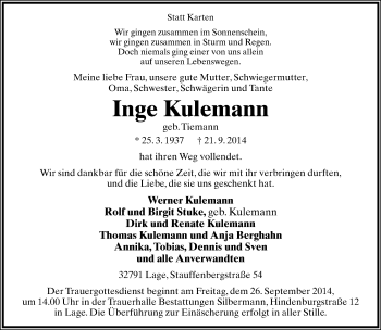 Anzeige  Inge Kulemann  Lippische Landes-Zeitung