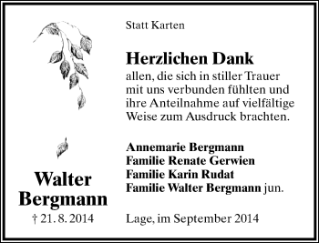 Anzeige  Walter Bergmann  Lippische Landes-Zeitung