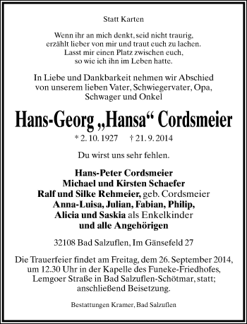 Anzeige  Hans-Georg Cordsmeier  Lippische Landes-Zeitung