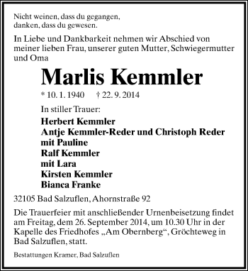 Anzeige  Marlis Kemmler  Lippische Landes-Zeitung