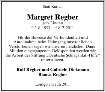 Anzeige  Margret Regber  Lippische Landes-Zeitung