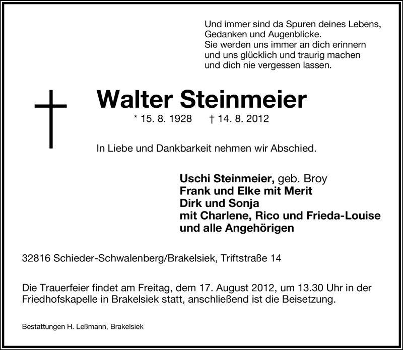  Traueranzeige für Walter Steinmeier vom 16.08.2012 aus Lippische Landes-Zeitung