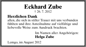 Anzeige  Eckhard Zube  Lippische Landes-Zeitung