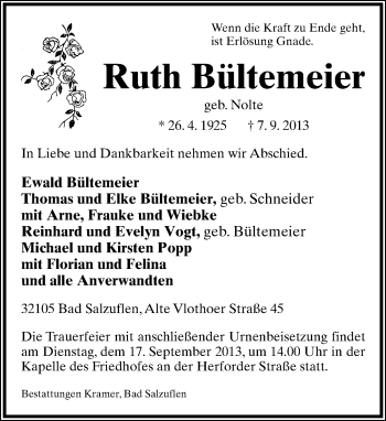 Anzeige  Ruth Bültemeier  Lippische Landes-Zeitung