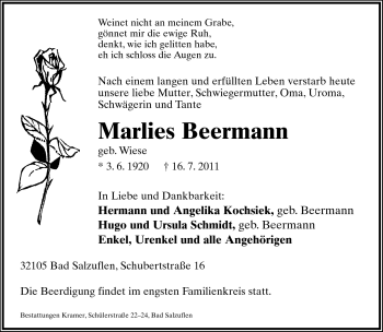 Anzeige  Marlies Beermann  Lippische Landes-Zeitung