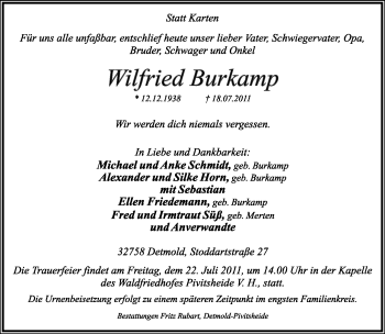 Anzeige  Wilfried Burkamp  Lippische Landes-Zeitung