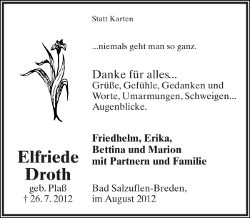 Anzeige  Elfriede Droth  Lippische Landes-Zeitung