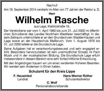 Anzeige  Wilhelm Rasche  Lippische Landes-Zeitung