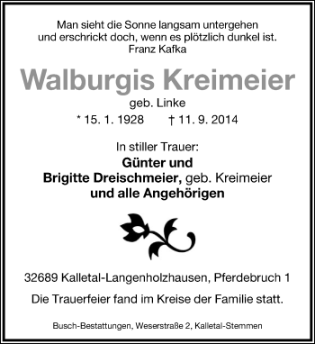 Anzeige  Walburgis Kreimeier  Lippische Landes-Zeitung