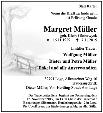 Anzeige  Margret Müller  Lippische Landes-Zeitung