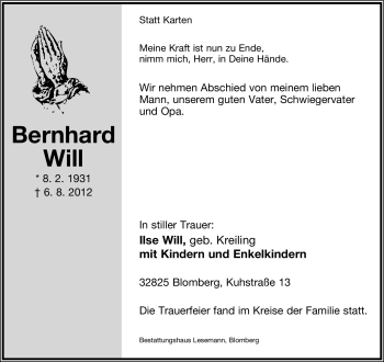Anzeige  Bernhard Will  Lippische Landes-Zeitung