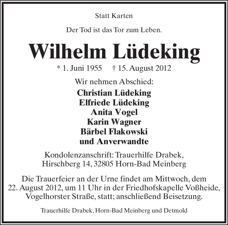  Traueranzeige für Wilhelm Lüdeking vom 17.08.2012 aus Lippische Landes-Zeitung
