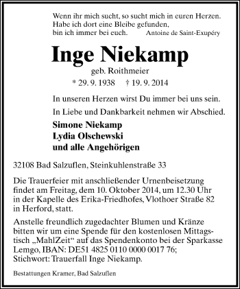 Anzeige  Inge Niekamp  Lippische Landes-Zeitung