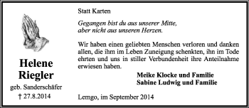 Anzeige  Helene Riegler  Lippische Landes-Zeitung