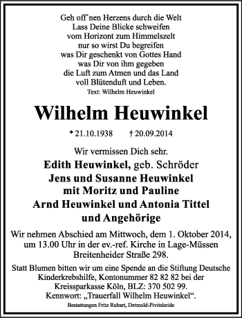 Anzeige  Wilhelm Heuwinkel  Lippische Landes-Zeitung