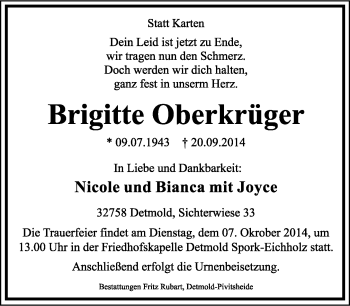 Anzeige  Brigitte Oberkrüger  Lippische Landes-Zeitung