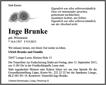 Anzeige  Inge Brunke  Lippische Landes-Zeitung