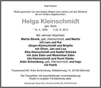 Anzeige  Helga Kleinschmidt  Lippische Landes-Zeitung