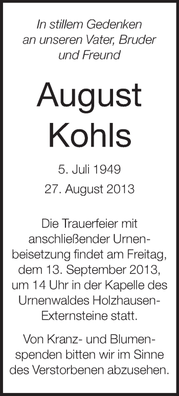 Anzeige  August Kohls  Lippische Landes-Zeitung